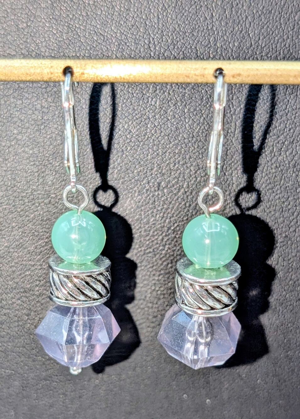 Green Stone Silver Tone Lever Back Dangle Earrings